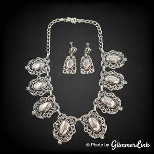 Vintage Silver Tone Ornate Medallion Necklace & Screw Back Earrings Set